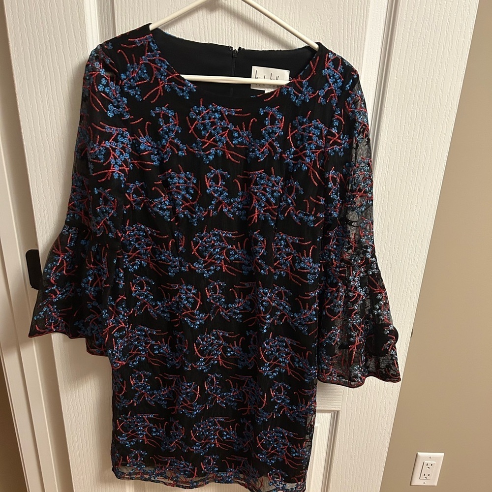 NWT Nicole Miller Black Dress with Red and Blue Embroidery